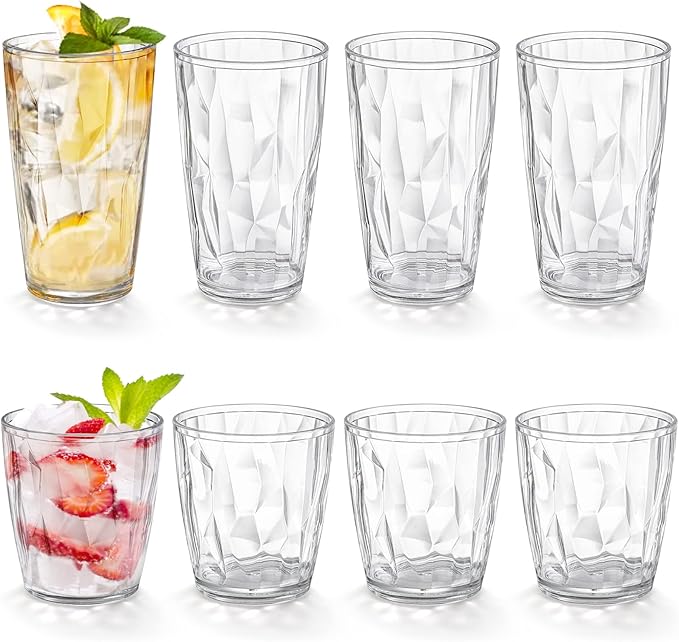 Hedume Set of 8 Plastic Water Tumblers, 4 Pack 17-ounce and 4 Pack 10-ounce Transparent Drinking Glasses, Clear Acrylic Reusable Juice Wine Cups Stackable for Home, Picnic Party