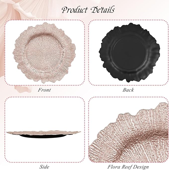 24 Pack Rose Gold Charger Plates Bulk, 13" Plastic Reef Chargers for Dinner Plates, Round Charger Plate with Floral Reef Design for Dinner Wedding Party Table Setting Decoration