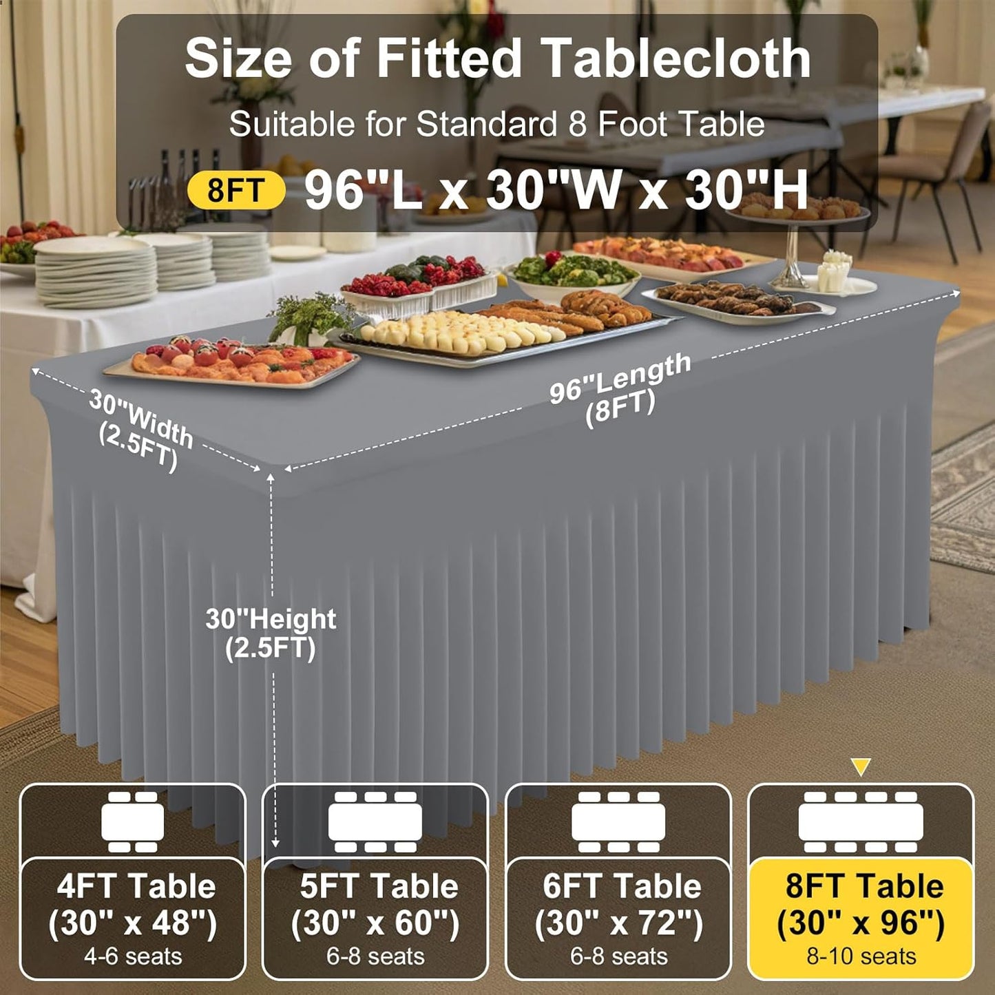 Smiry Spandex Tablecloth, Elastic Fitted Stretch Tablecloth for 8FT Rectangle Tables, Waterproof Washable Table Cover Skirt for Outdoor, Wedding, Banquet & Parties (Grey, 96Lx30Wx30H Inch)