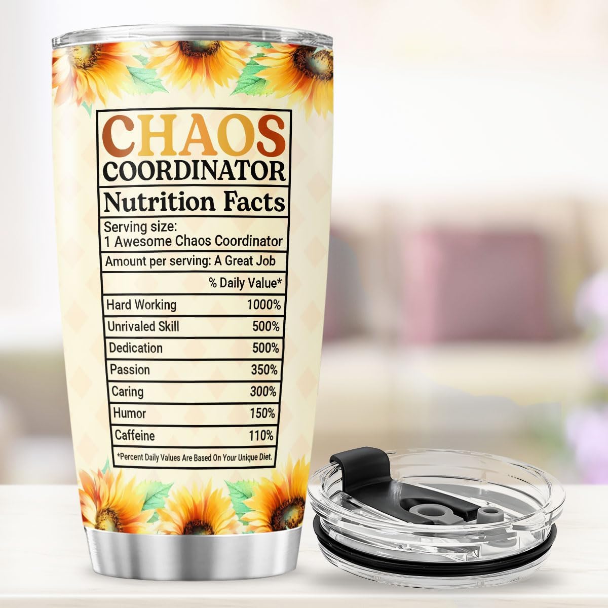 Chaos Coordinator Gift for Women with Sunflower Design, 20oz Stainless Steel Insulated Tumbler for Coworkers, Bosses, Teachers, Moms, Appreciation Birthday Thank You Present