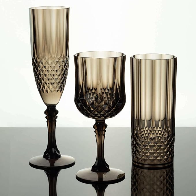 Efavormart 6-Pack Champagne Glasses, 8oz Shatterproof Plastic Crystal Cut Toast Flutes, Black for Party Celebration Wedding