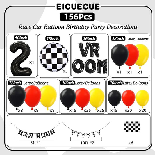 Race Car Balloons Arch Kit - 156Pcs Race Car Balloon Birthday Party Supplies, Banner, VROOM, Number 2 Foil Balloon Garland Kit for Racing Car Theme Two Fast 2nd Boy Birthday Party Decorations