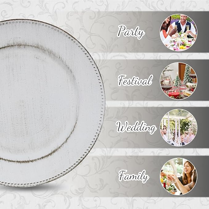 MAONAME 13" Round Charger Plates Set of 12, Antique White Plate Chargers, Plastic Charger for Dinner Plates, Beaded Table Chargers for Wedding, Party