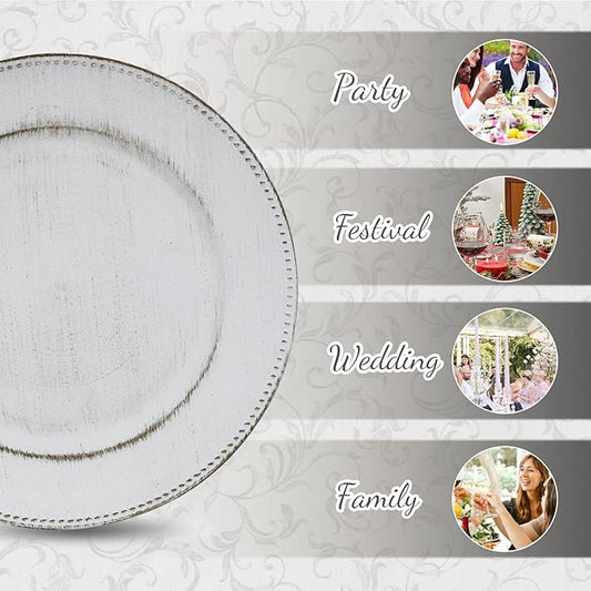 MAONAME 13" Round Charger Plates Set of 12, Antique White Plate Chargers, Plastic Charger for Dinner Plates, Beaded Table Chargers for Wedding, Party