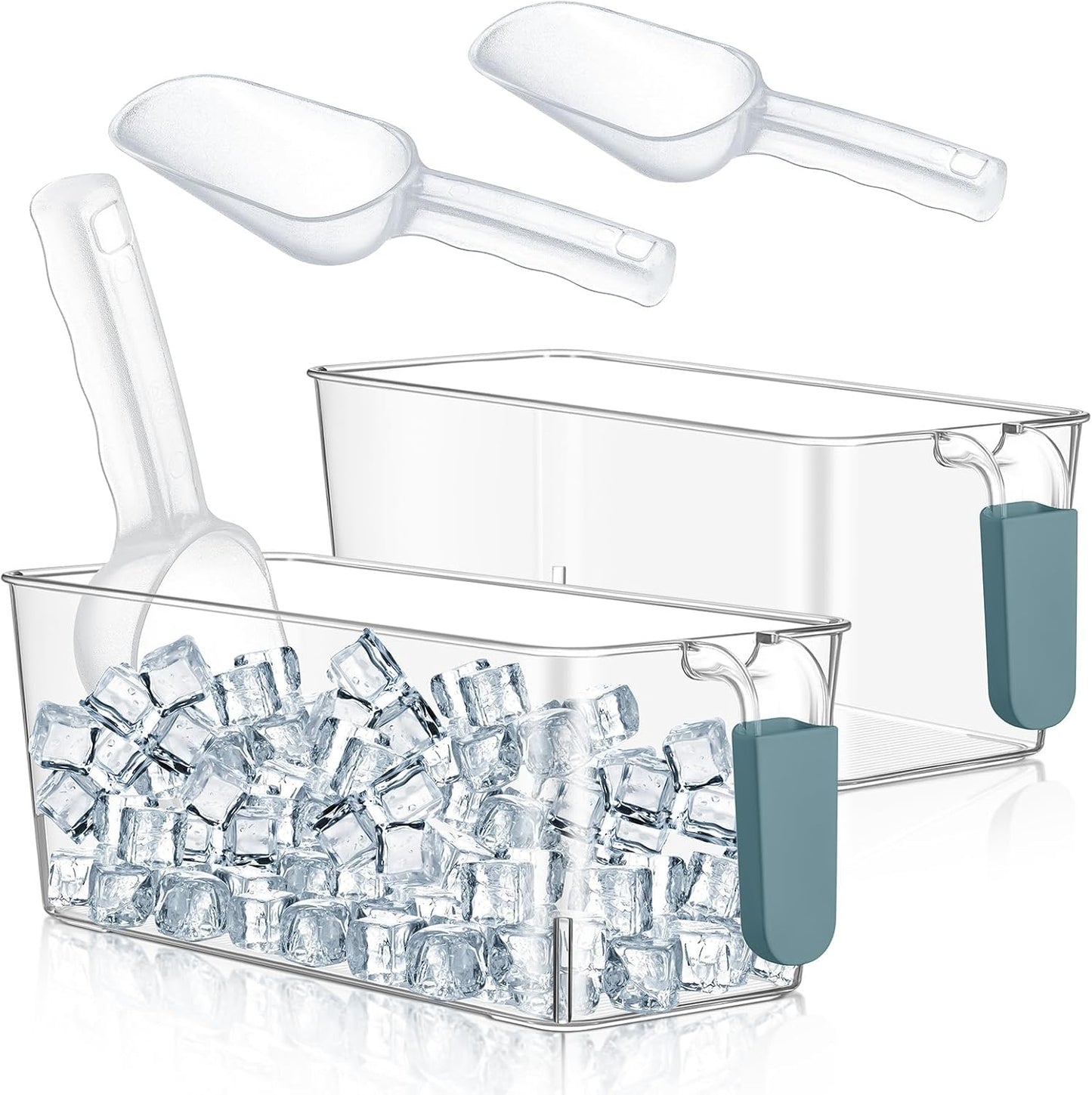 Havawish 2 Set Ice Bin and Flexible Scoop Set Plastic Freezer Ice Bin with Pull out Handle Clear Storage Bucket for Container with Bucket Scoop(Dark Blue,10.83 x 4.92 x 4.33 in)