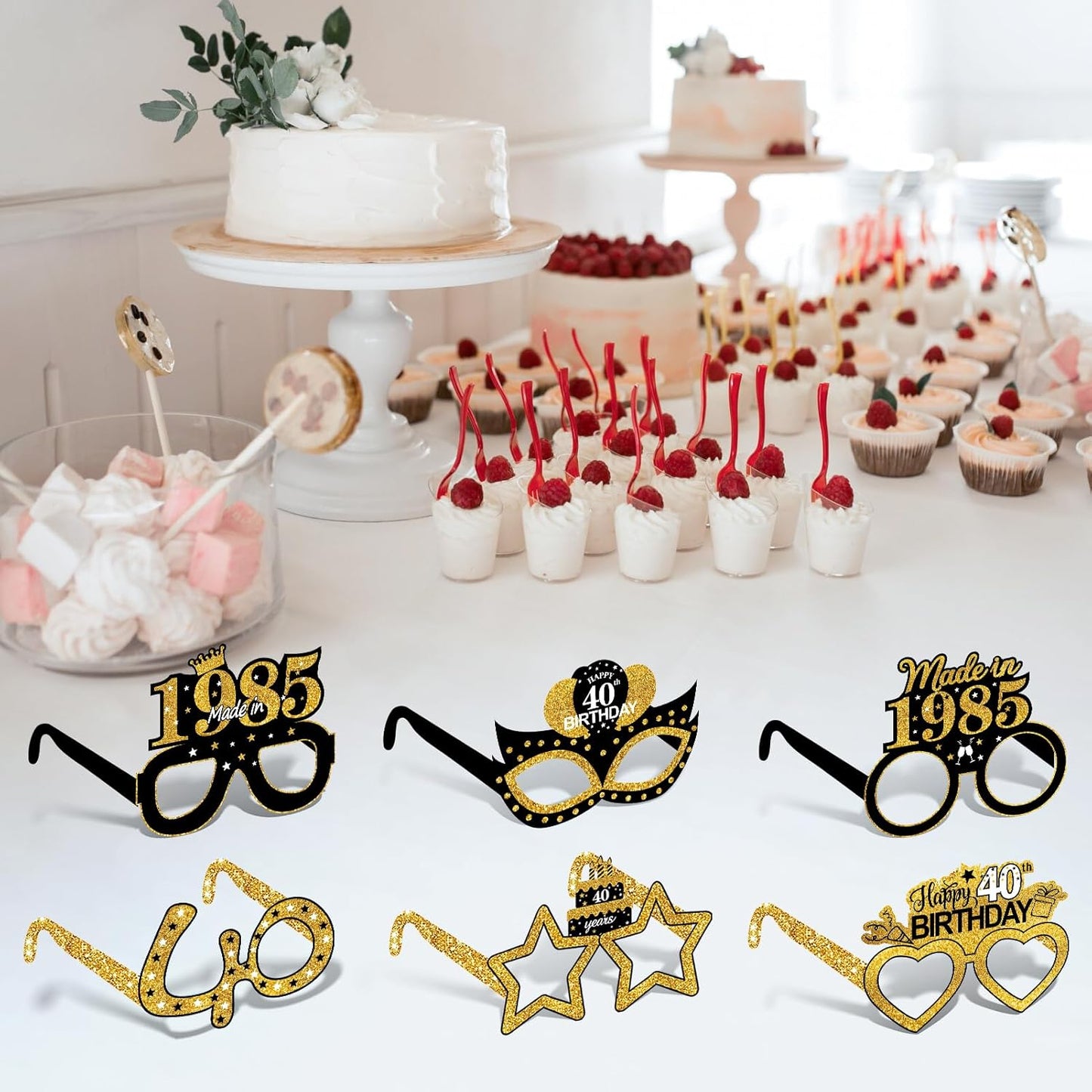 24Pcs 1985 40th Birthday Paper Glasses Decorations for Men Women - Black Gold Happy 40th Birthday Paper Eyeglasses Photo Props, Vintage 1985 Forty Years Old Birthday Party Supplies