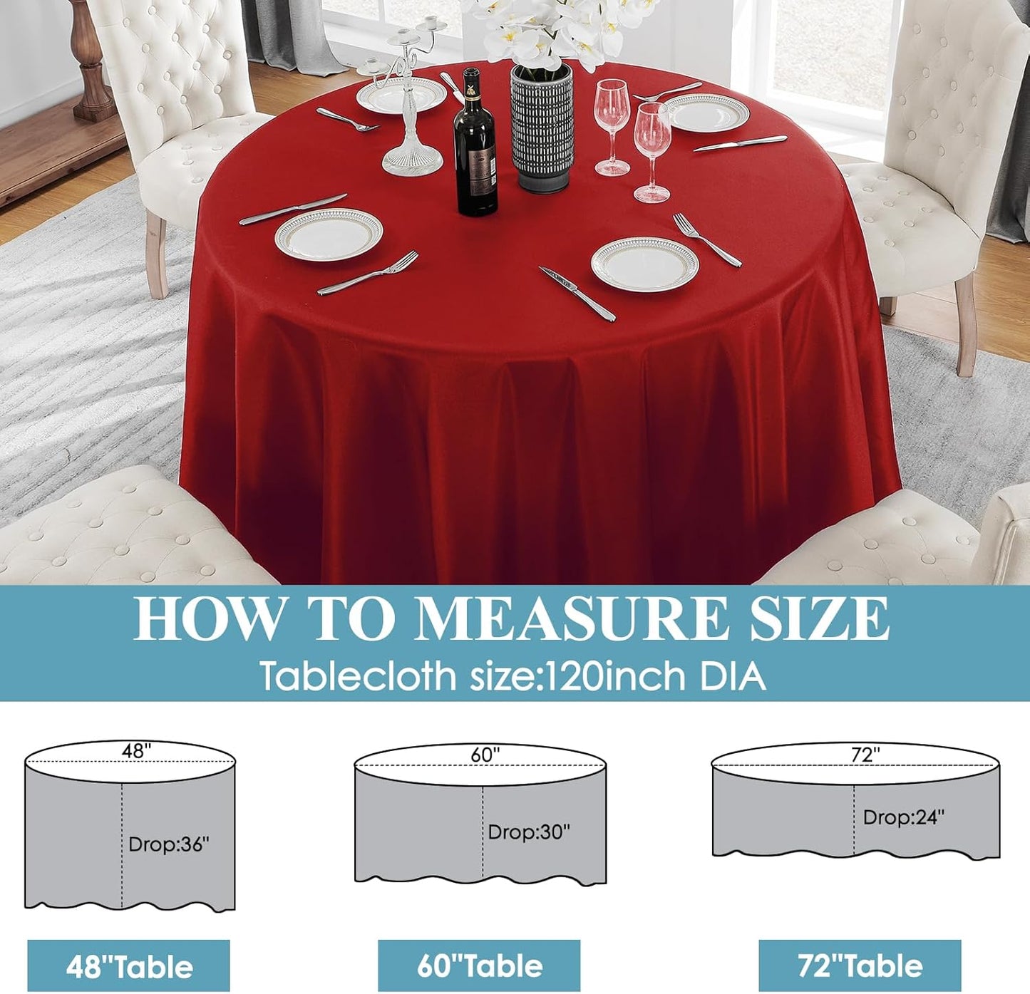 VidaFete Tablecloth 6 Pack 120inch Round Table Cloth Polyester, Stain Wrinkle Resistant Polyester Dining Table Cover for Kitchen Dinning Party Wedding Round Tabletop Buffet Decoration(Red)