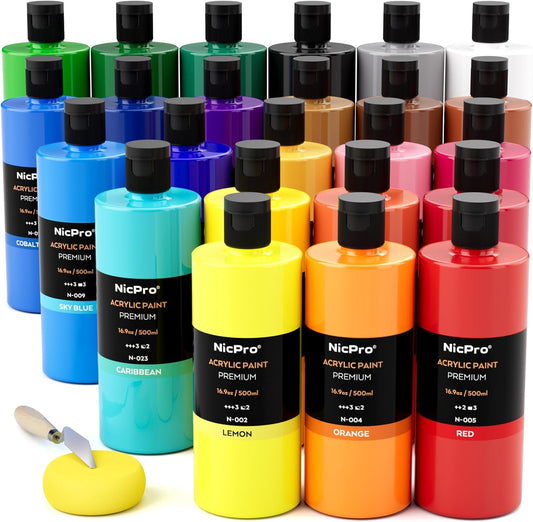 Nicpro 24 Colors Large Bulk Acrylic Paint Set (16.9 oz/500 ml), Rich Pigments Non Toxic, Bulk Painting Supplies for Artist Beginners on Canvas, Wood, Rock, Glass, Ceramic, Crafts with Color Wheel