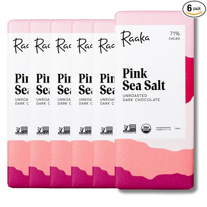 Raaka Pink Sea Salt Organic Dark Chocolate - 71% Cacao - Gourmet Dark Chocolate - Organic, Vegan, Gluten Free, Kosher | 1.8oz Bars, 6-Pack