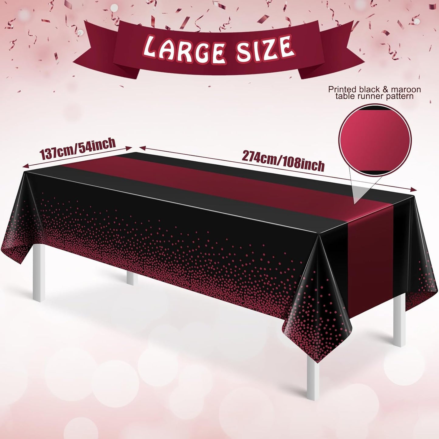 3Pcs Black and Maroon Tablecloth Party Decorations,Plastic Black Table Cloth Printed Maroon Table Runner Disposable Rectangle Table Cover for Birthday Wedding Graduation Anniversary Party,54x108Inch