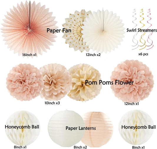 Champagne-Gold Beige Fall Boho Birthday Party Decorations 62pcs Happy Birthday Banner, Peach White Paper Lanterns, Streamers, Tissue Pom Poms, Blush Beige Boho Party Balloons, Rustic Backdrop Decor