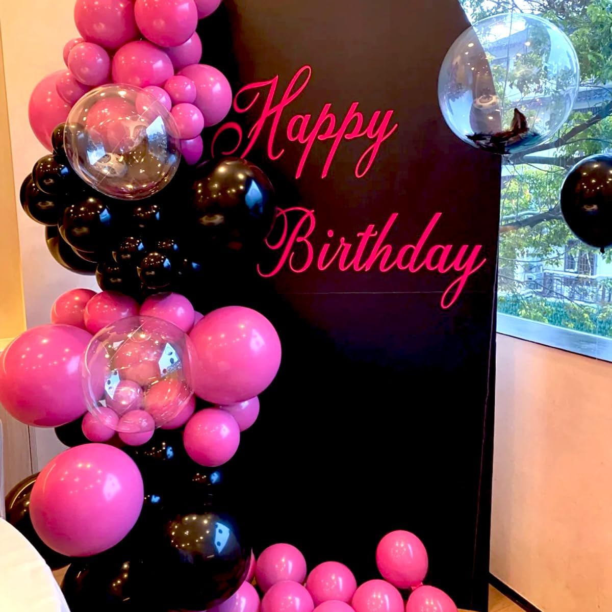 Black and Hot Pink Balloons Garland Arch Kit With Clear Bobo Balloons, 151Pcs Latex Balloons Different Sizes 18 12 10 5 inch for Valentine Day Birthday Holiday Party Decorations