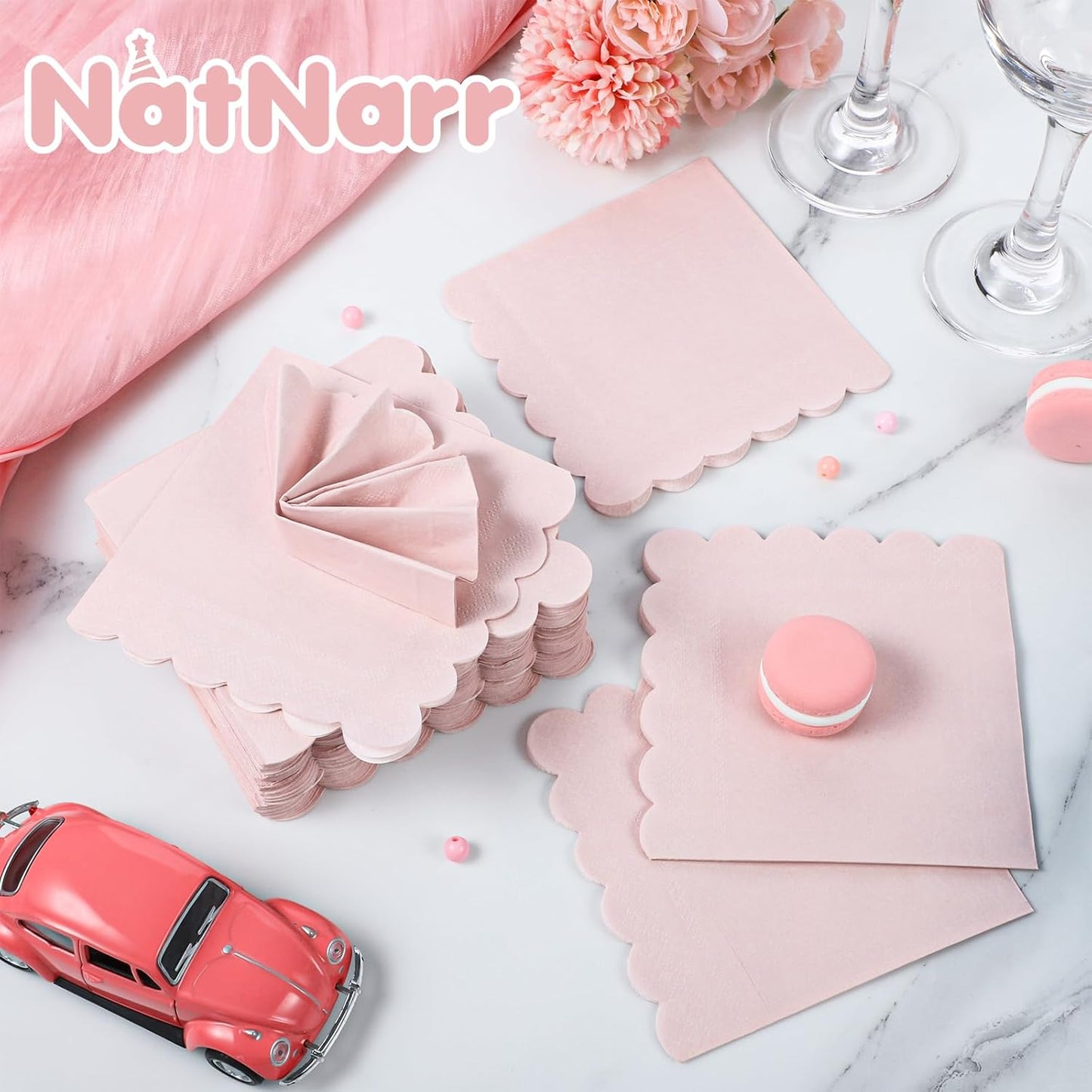 120 Pcs Cocktail Napkins Pink Scalloped Party Napkins Light Pink Cute Dessert Beverage Napkin for Wedding, Baby Bridal Shower, Birthday, 5 x 5 Inch