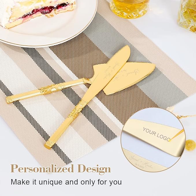 TUKDAK Cake Cutting Set for Wedding, Personalized Gold Cake Knife and Server Set, Custom Cake Serving Set, Engraved Pastry Pie Server Cake Pizza Cutter, Birthday Bridal Gift (CUS-Classic)
