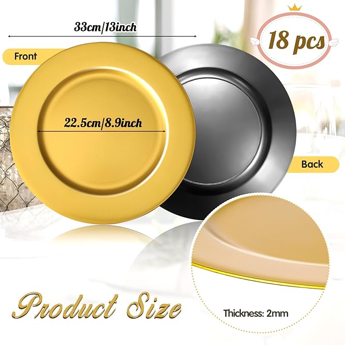18 Pcs Golden Charger Plates Bulk,13 Inch Plastic Gold Dinner Round Tray Charger Tableware Dish for Table Setting Wedding Holidays Party Decor