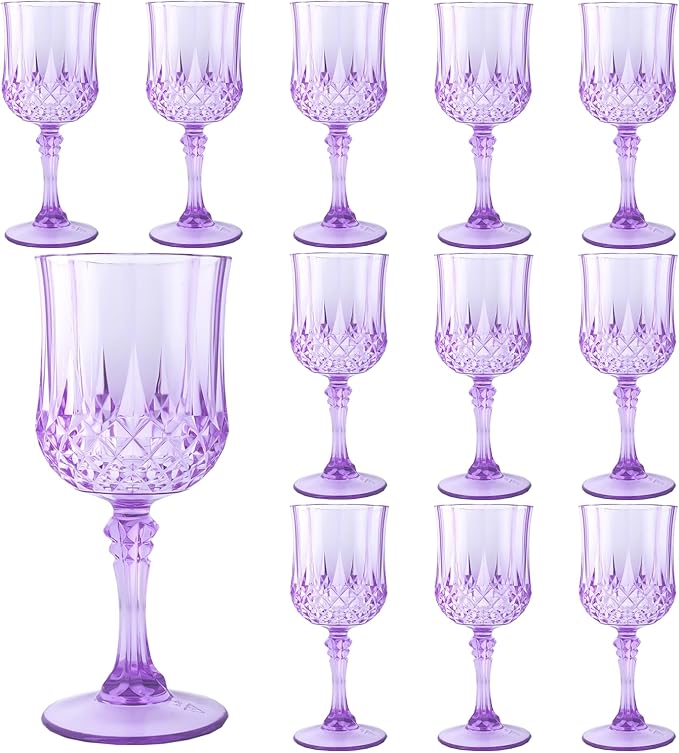 Plastic Wine Glasses, Plastic Goblets Vintage Style Cordial Unbreakable Drinking Glasses, Reusable Drinkware for Wedding Reception, Grand Event Party Supplies, Easter (12, Purple)