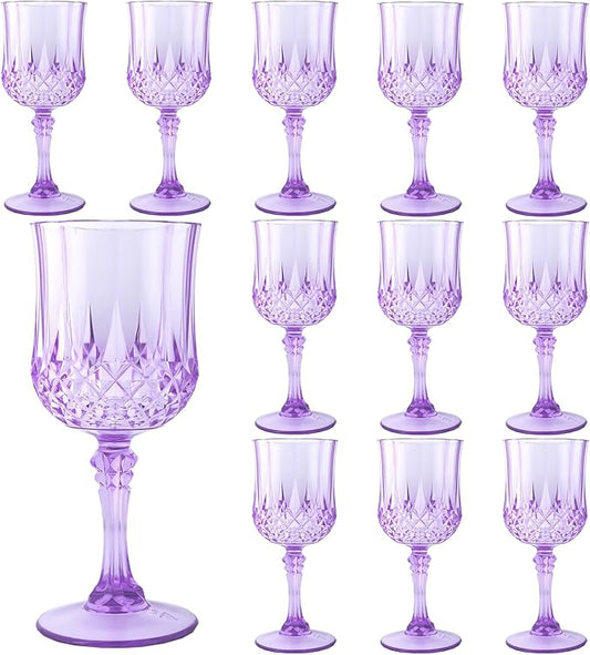 Plastic Wine Glasses, Plastic Goblets Vintage Style Cordial Unbreakable Drinking Glasses, Reusable Drinkware for Wedding Reception, Grand Event Party Supplies, Easter (12, Purple)