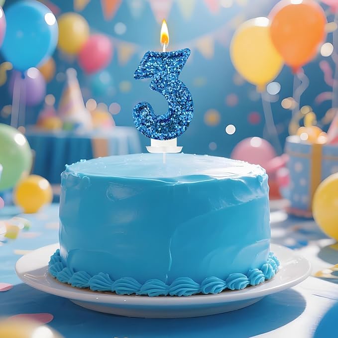 Zailo Birthday Number Candles, Glitter Number Candle Cake Decorations with Sequins, Cupcake Decorations for Girls, Women, Party Anniversary Celebrations (Number 3, Blue)
