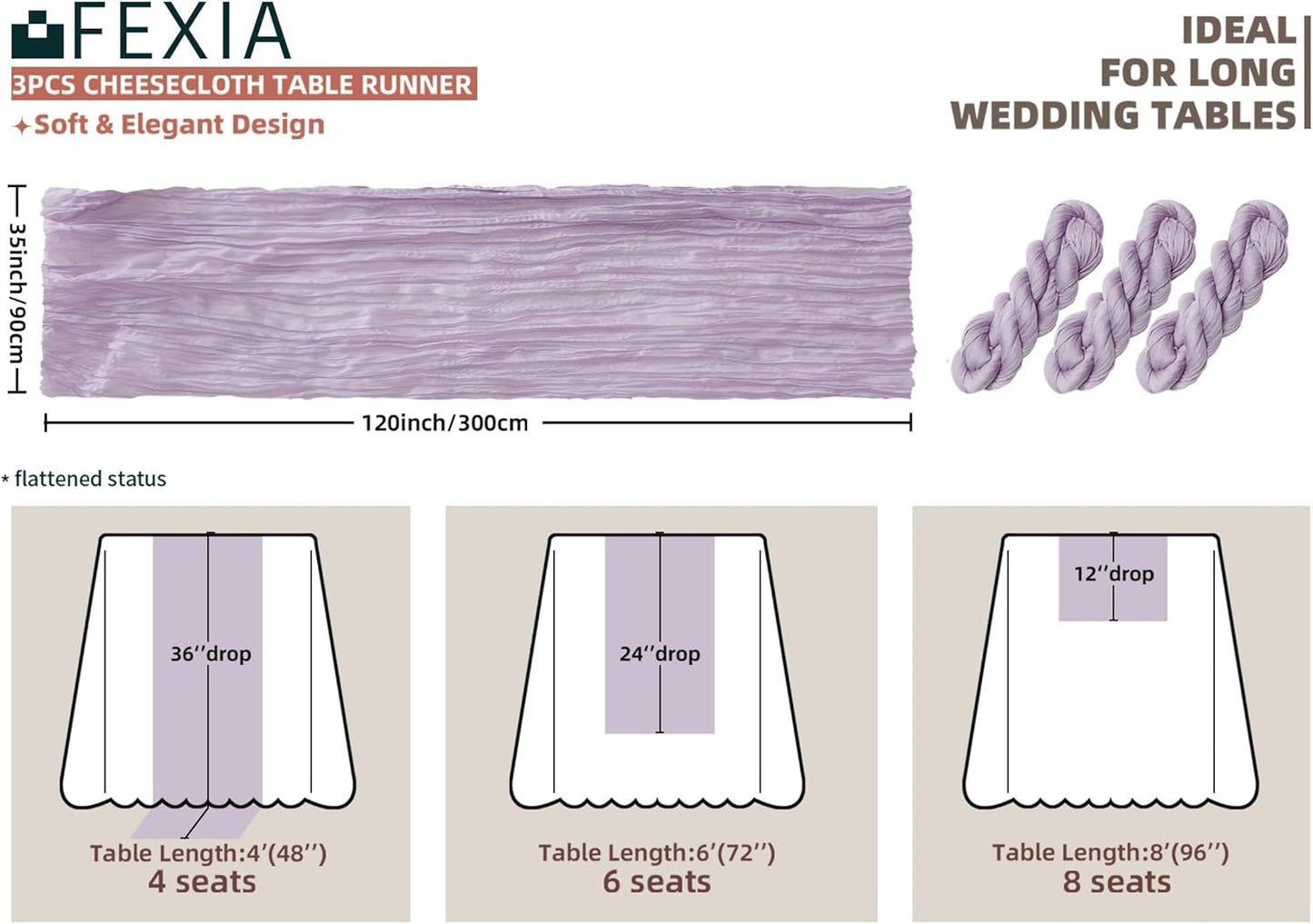 FEXIA 3 Pack Lilac Cheesecloth Table Runner 35x120 Inches for Baby Shower Decorations Spring Easter Table Runners for Wedding Party First Communion Centerpiece Engagement Bridal Shower Boho Decor