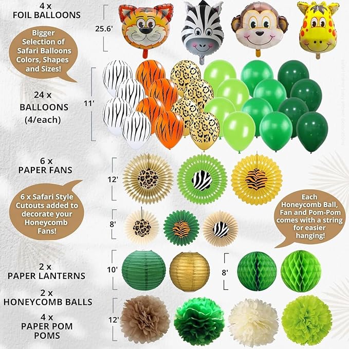 207 Pcs Safari Baby Shower Decorations for Boy Jungle Theme Baby Shower Decor - Banner, Animal Cutouts, Balloons, Paper Decorations, Guest Book, Leaves, Games, Sash