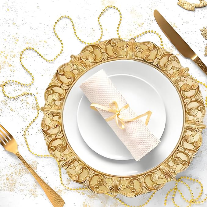 6 Pack Gold Charger Plates 13" Round Charger Plates for Dinning Plates with Embossed Rim Plastic Charger for Dinner, Wedding, Elegant Tableware Decor