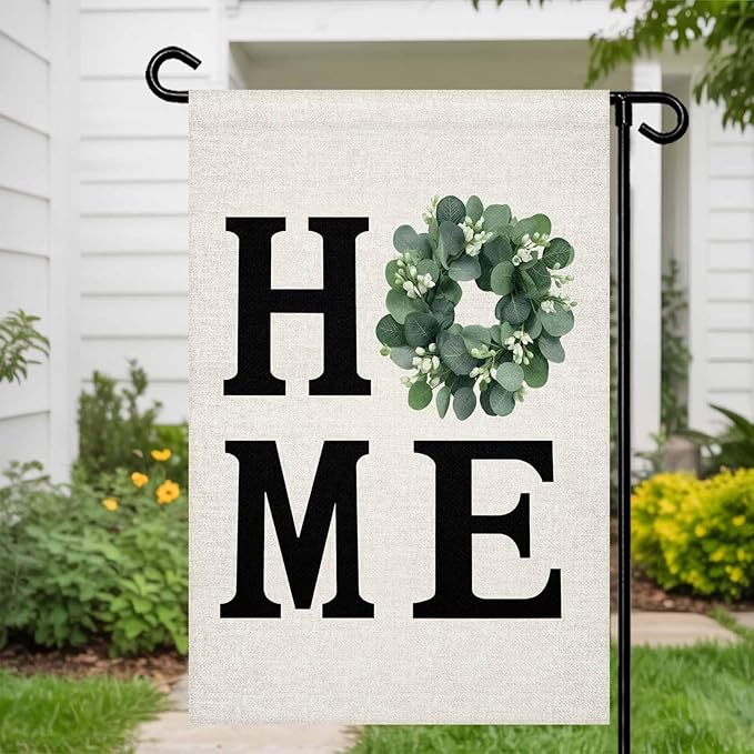 Garden Flag Home Green Eucalyptus Leaves Garland,Welcome House Flags for Outdoor Yard Porch, Retro Linen Double Sided Holiday Banner for Party Home Decor