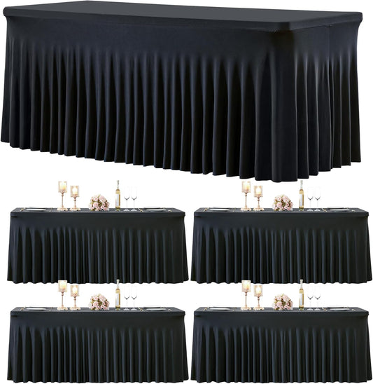 4 Pack Spandex Black Fitted Table Cloth for 8ft Rectangle Tables Black Stretch Tablecloth Table Covers Banquet Table Clothes Wrinkle Free Table Skirt for Parties Wedding