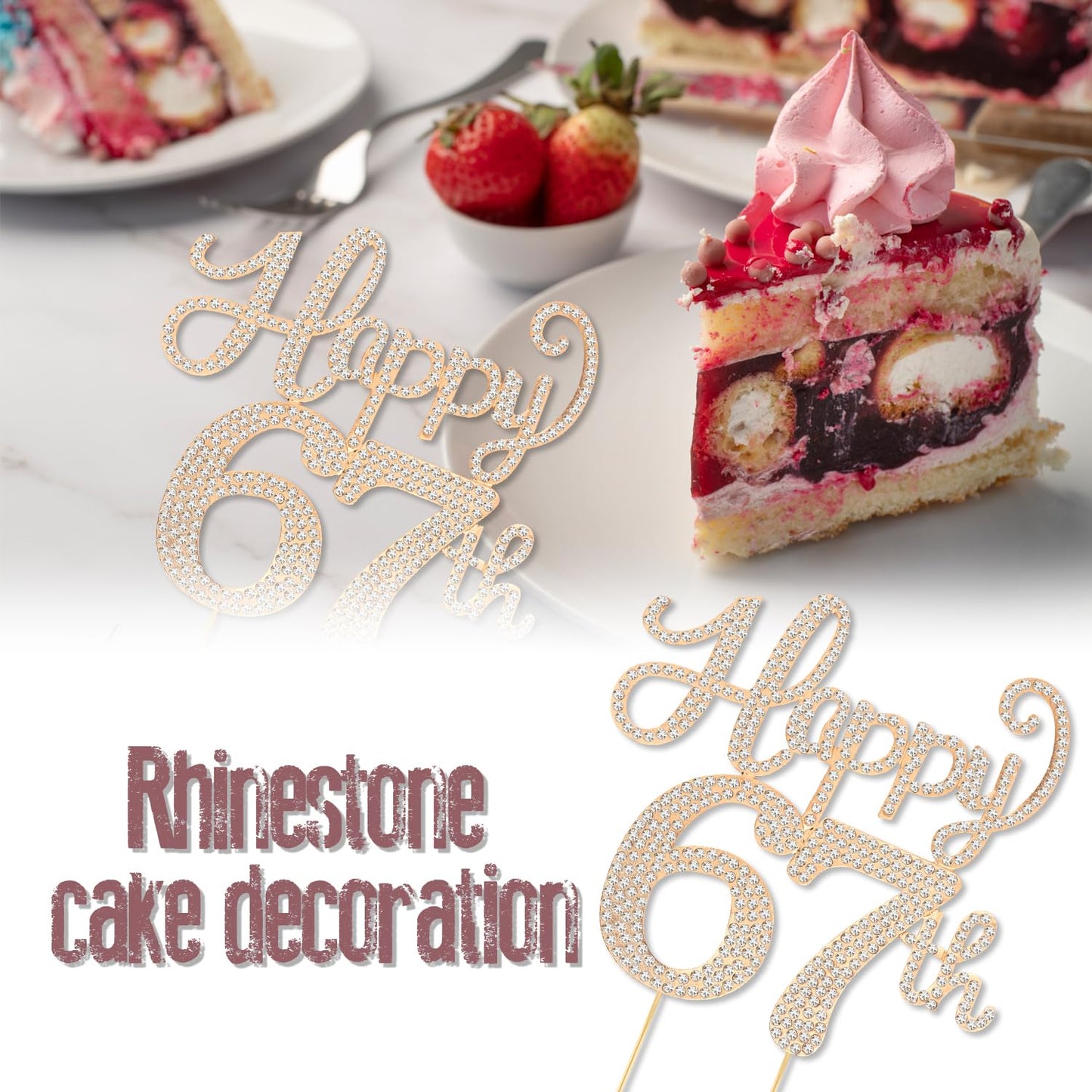 Happy 67th Birthday Decorations,67th Birthday Gold Rhinestone Cake Topper - Cheers to 67 Years Old Bday Party Metal Sparkly Cake Centerpieces Sign.
