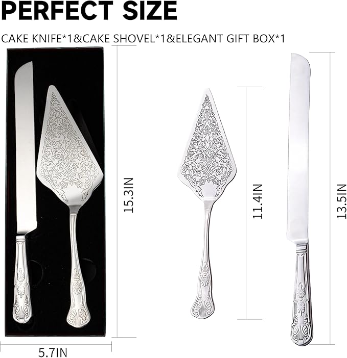 GURUDAR Vintage Wedding Cake Knife and Server Set, Stainless Steel Cake Pie Pastry Cutting Knife & Serving Spatula Set, Premium Party Supplies for Wedding, Birthday, Anniversary & Events, Silver