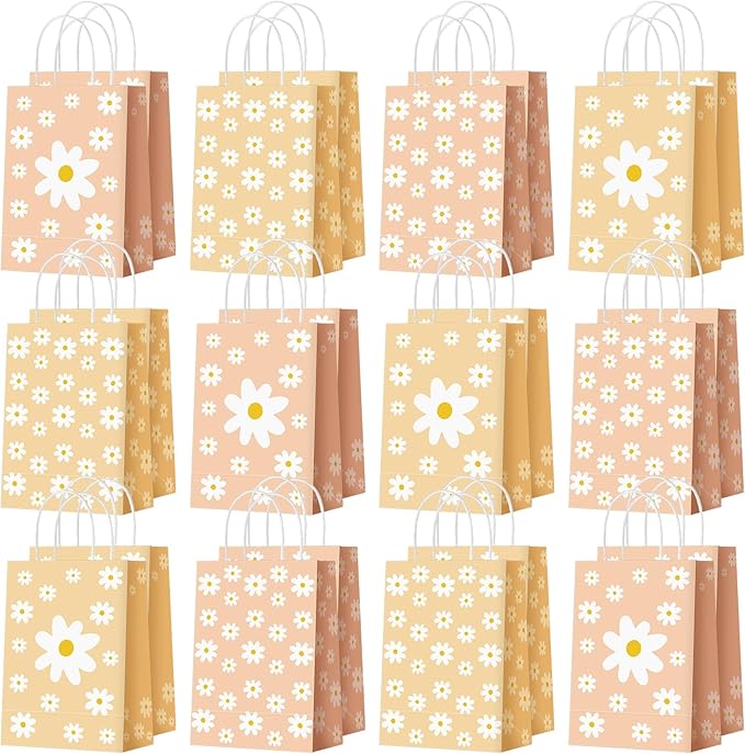 Glenmal 24 Pcs Daisy Goodie Bags Groovy Flower Bags Hippie Party Bag with Handles for Spring Birthday Party Supplies Baby Shower Decorations