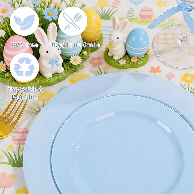 FLOWERCAT 60PCS Light Blue Heavy Duty Plastic Disposable Party Plates Set – 30pcs 10.25″ Dinner & 30pcs 7.5″ Dessert Plates – Durable Blue Tableware for Easter Parties, Wedding, BBQ & Baby Shower