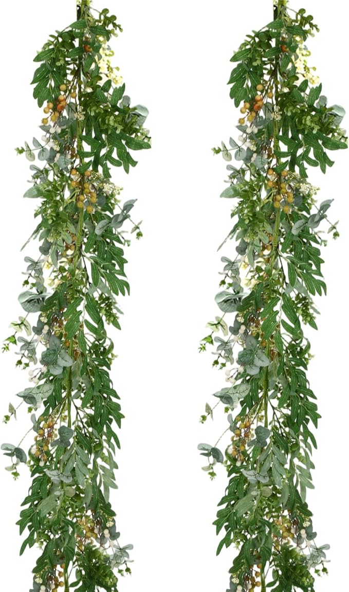 Giegxin 2 Pack Wedding Faux Eucalyptus and Olive Greenery Garland, 5.9 ft Artificial Vines Hanging Eucalyptus Leaves Mixed Berry Wreaths for Wedding Arch Wall Doorways Table Runner Decoration