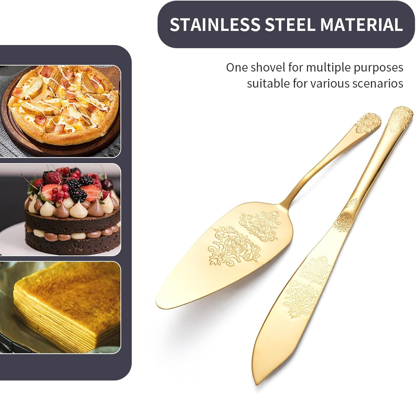 Cake Cutting Set for Wedding, Elegant Cake Knife and Server Set with Thickened Stainless Steel Rounded Edges, Cake Cutter Pie Spatula for Birthday Anniversary Christmas 2 Pcs Gold