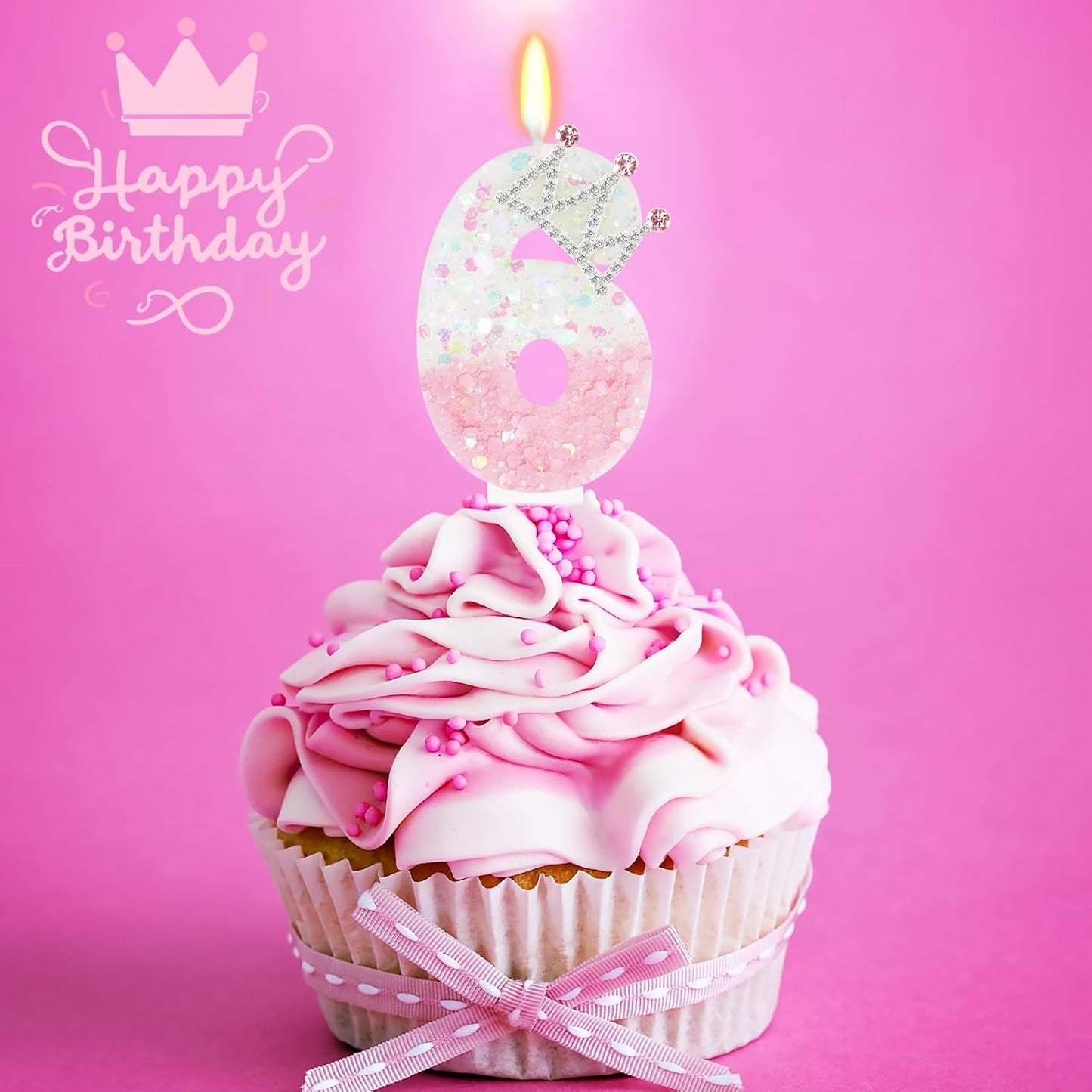 Pink White Number 6 Candle, Glitter Crown Cake Topper, Princess Birthday Party Decorations for Girls and Women Anniversary Celebrations Party Favors