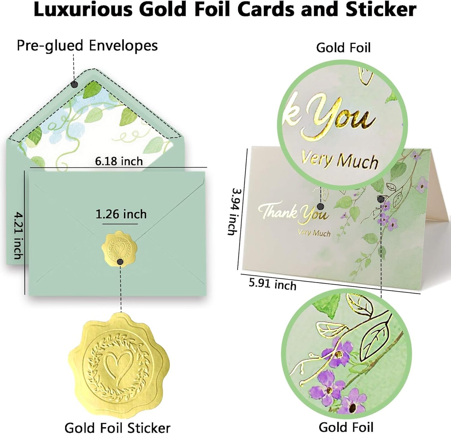 50 PK Thank You Cards Bulk with Envelopes & Gold Foil Stickers, 4x6 Inches, 4 Designs for Weddings Baby Bridal Showers Graduations Birthday