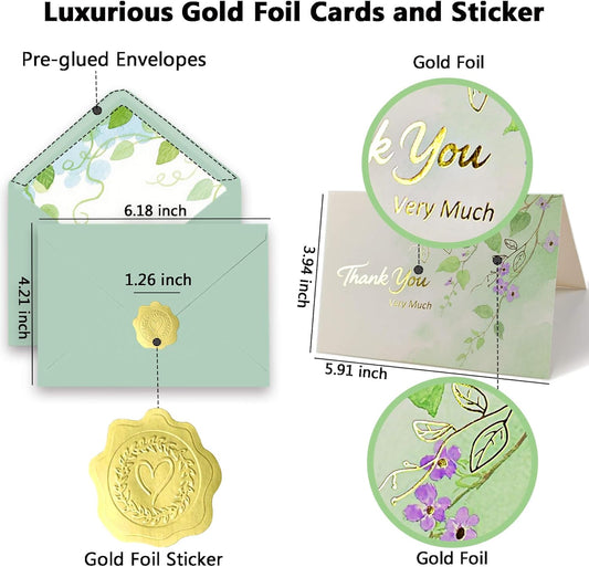 50 PK Thank You Cards Bulk with Envelopes & Gold Foil Stickers, 4x6 Inches, 4 Designs for Weddings Baby Bridal Showers Graduations Birthday