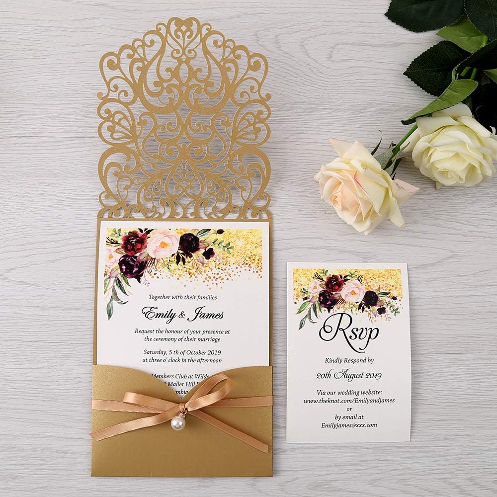 5X7.2 Inch 50PCS Personalized Laser Cut Gold Wedding Invitations With Rsvp Cards And Envelopes And Ribbon Belly Band Pearl Embellishments Wedding Invitation Cards For Wedding Invite