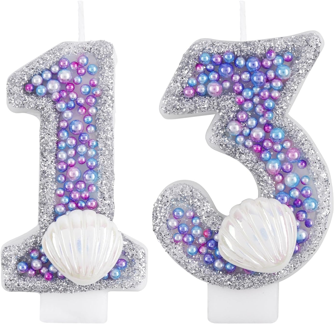 Girls Glitter 13 Birthday Candle, Pink Shell Sequins Blue Purple Pearls Number Candle for Boys Girls Birthday Cakes Mermaid Themed Birthday Decorations Party Supplies
