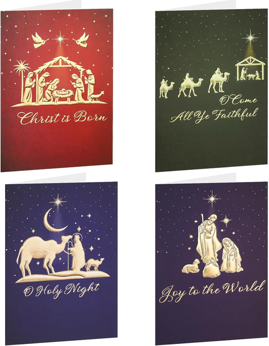 Christmas Cards with Envelopes and Stickers, 24 Pack Religious Christmas Cards, 4 Religious Designs Gold Foil Embossed Greeting Card for Xmas