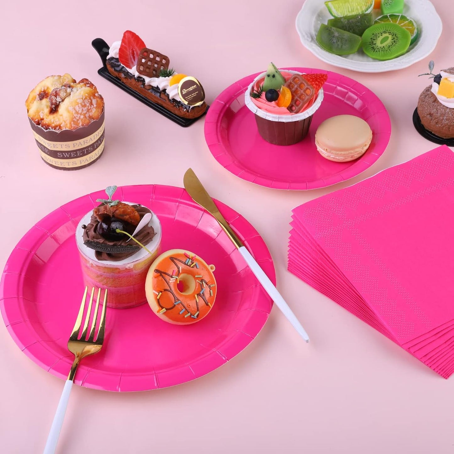 Ruisita 48 Pieces Hot Pink Party Supplies Solid Hot Pink Tableware Including 7 Inch and 9 Inch Paper Dinner Plates 2 Ply Napkins for Wedding, Birthday Party, Picnic, Barbecue (Serves 16)