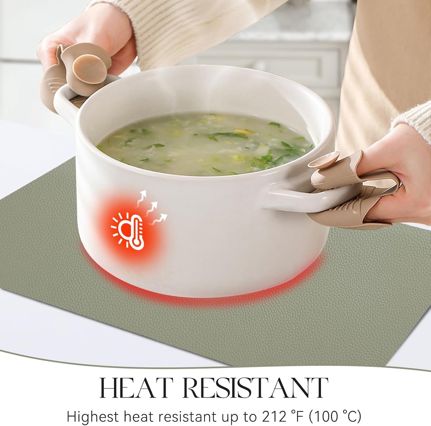 MOSAYT Vinyl Placemats Set of 8, Heat Resistant Place Mats 100% Waterproof Washable & Wipeable Faux Leather Reversible Table Mats for Kitchen Dining Party Outdoor, 12" x 17", Light Grey/Sage Green
