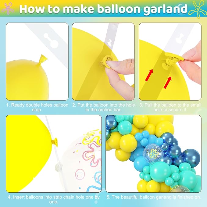 Amandir 153pcs Blue and Yellow Balloons Arch Garland Kit, Different Sizes 18 12 10 5inch Teal Metallic Blue Yellow Flower Printed Clear Balloons for Cartoon Birthday Sea Theme Shower Party Decorations