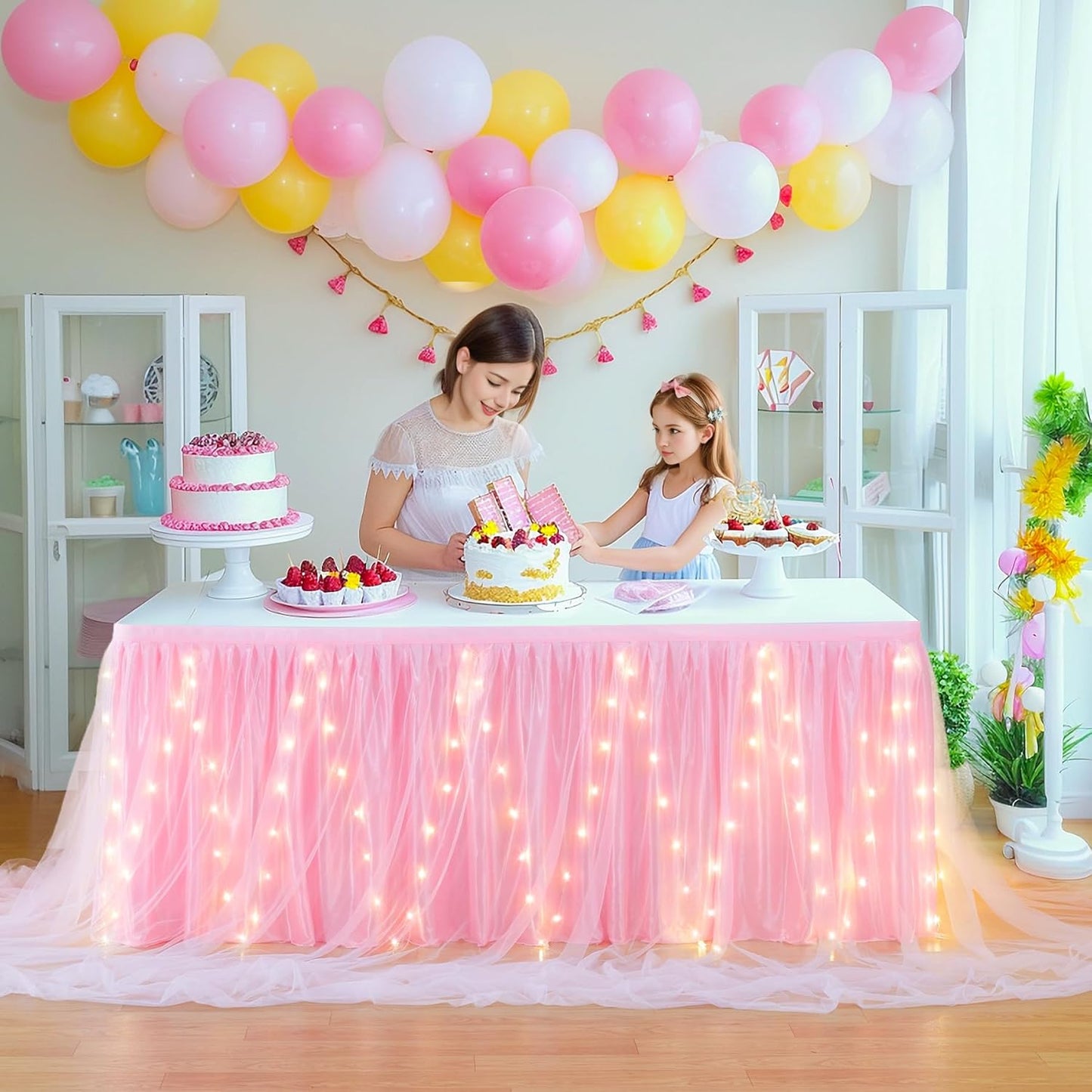 17FT Pink Tulle Table Skirt for Rectangle or Round Tables, Pink Tutu Table Skirt with LED Lights for Princess Girl Birthday Party Baby Shower Gender Reveal Wedding Banquet Cake Dessert Decorations