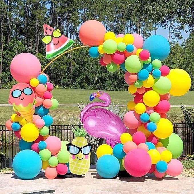 Tropical Balloons Arch Kit,130Pcs Luau Balloons Different Sizes Hot Pink and Yellow Latex Balloons for Hawaiian Luau Summer Birthday Party Decorations