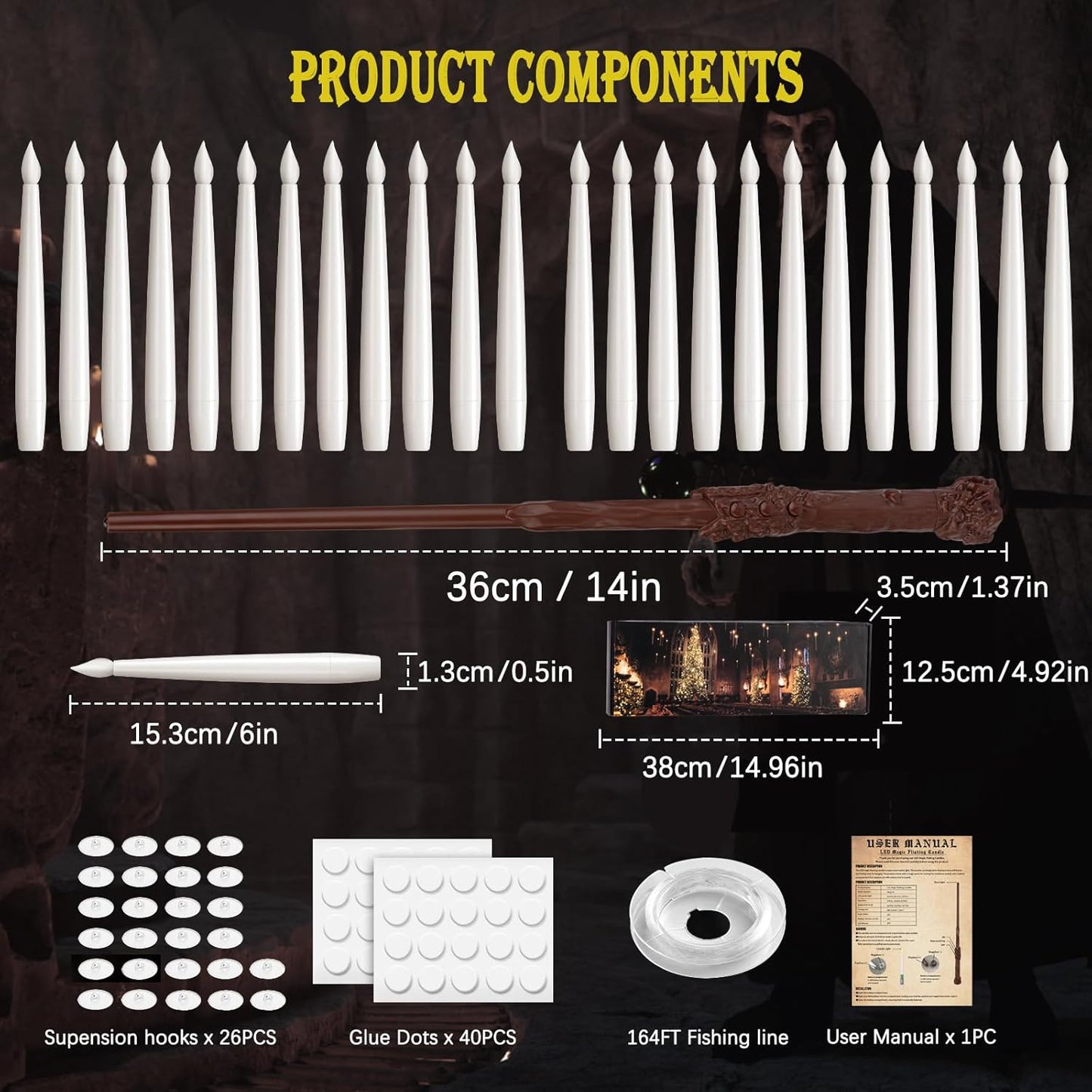 Christmas Decorations, 24PCS Floating Candles with Wand, Hanging Candles with Remote Wand, Warmwhite Flickering Flameless Magic Floating Candle Lights for Halloween Christmas Party