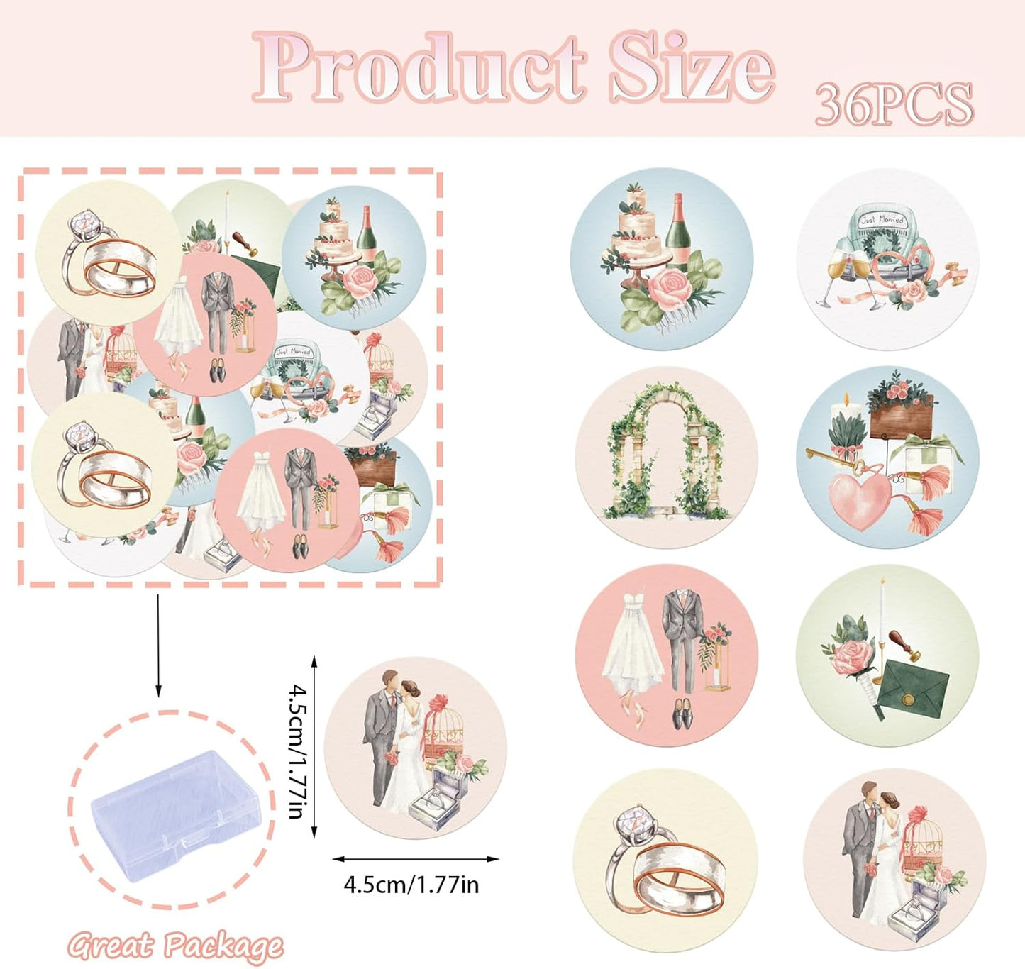 36PCS Edible Wedding Cupcake Toppers Wafer Paper Groom and Bride Cupcake Decoration Diamond Ring Cupcake Picks for Bridal Shower Bachelorette Wedding Party Supplies