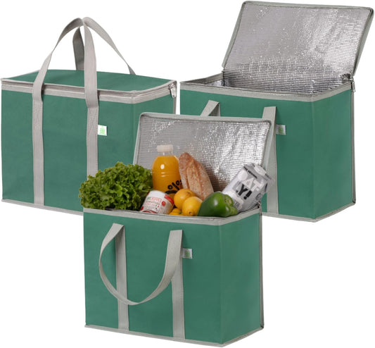 VENO 3 Pack Cooler Bag Insulated Reusable Grocery Shopping Bag, Food Delivery, Heavy Duty, Large Size, Durable Handles, Double Zippers, Lid, Collapsible (Green, 3 Pack)