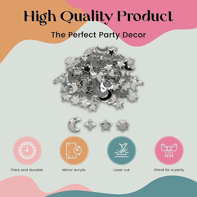 FashionJunkie4Life Celestial Confetti | Mirror Acrylic Laser Cut Table Scatter | Moon & Star Party Decor