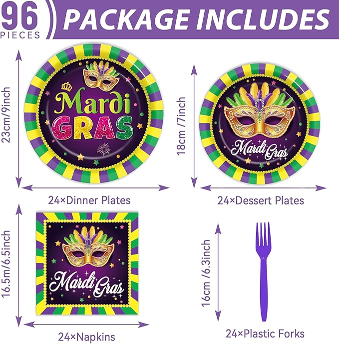 96Pcs Mardi Gras Party Supplies Mardi Gras Paper Plates Napkins Forks Colorful Mardi Gras Decorations Dinnerware Disposable Party Favors Mardi Gras Party Decorations for Party Tableware Serves 24