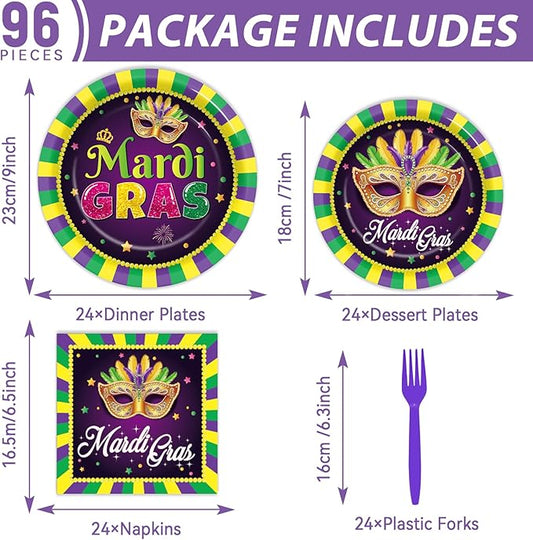 96Pcs Mardi Gras Party Supplies Mardi Gras Paper Plates Napkins Forks Colorful Mardi Gras Decorations Dinnerware Disposable Party Favors Mardi Gras Party Decorations for Party Tableware Serves 24